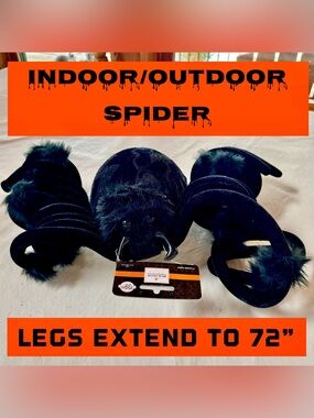 NWT XL Black Hairy Spider Indoor/Outdoor Halloween Decor Legs Extendable to 72”